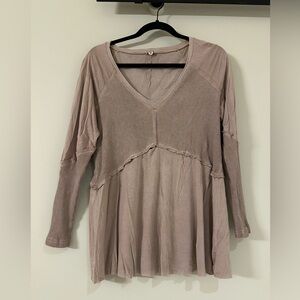 Pol Light Wash Rib Textured Long Sleeve Top